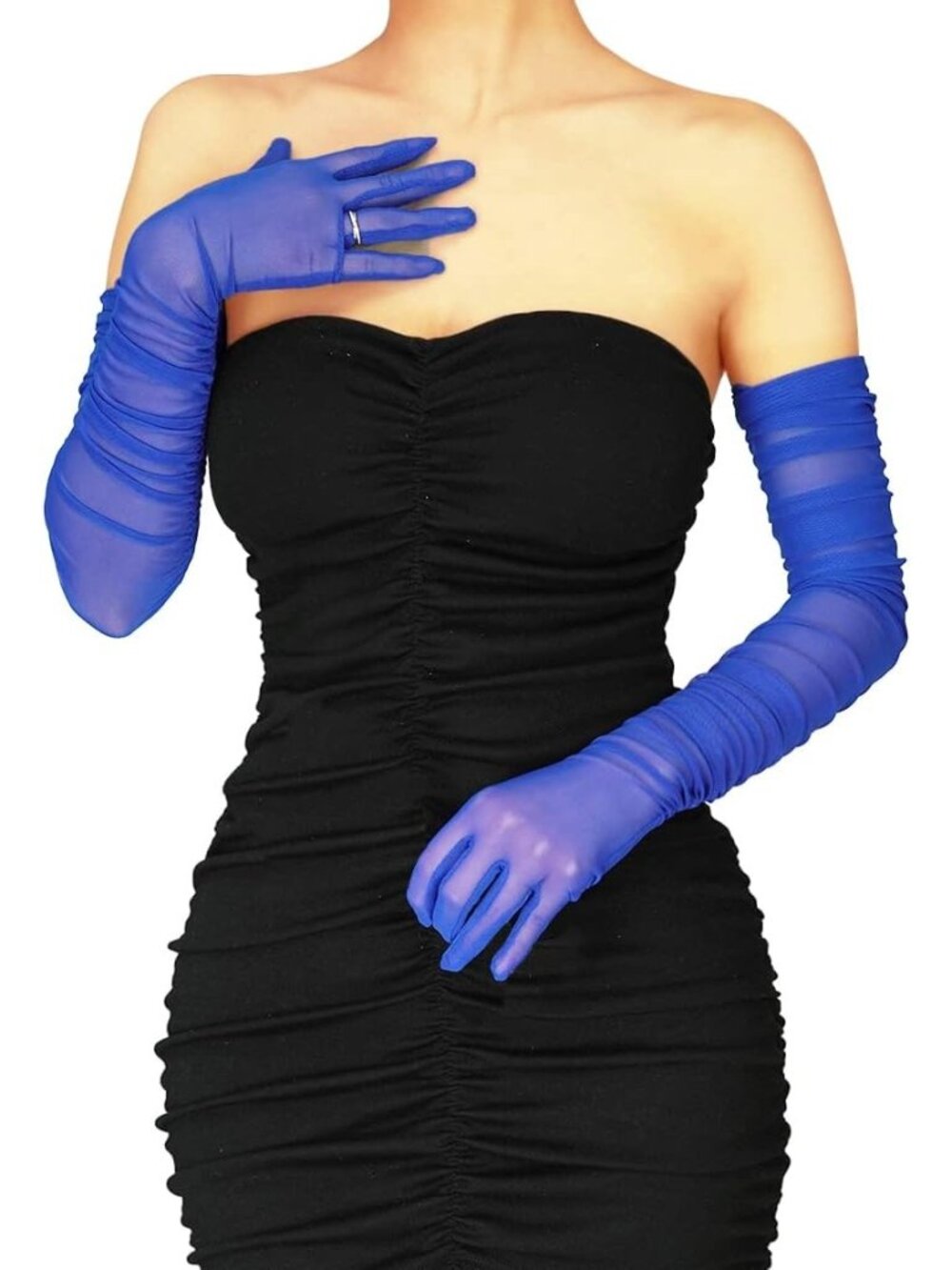 Women Blue Ruched Sheer Mesh Tulle Extra Long Halloween Christmas Opera Gloves